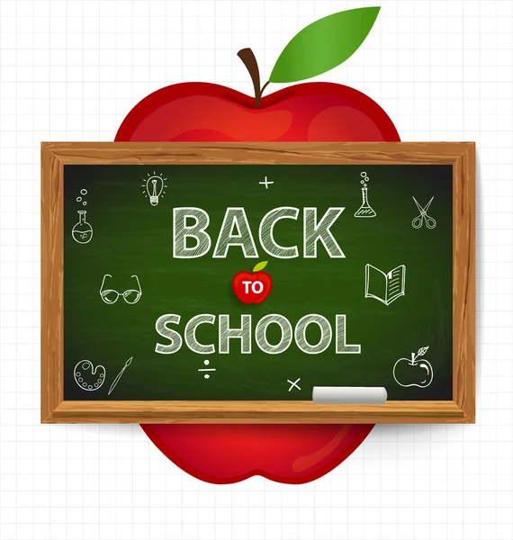 黒板とリンゴ、ベクトル在住が付いている学校に戻って歓迎します。 — ストックベクタ