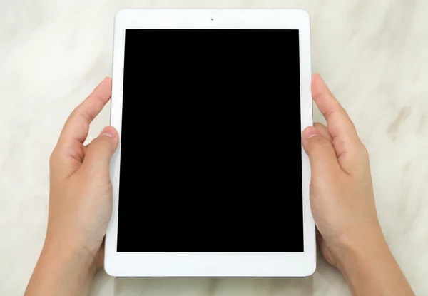 Woman hand touch white tablet with blank empty screen — Stock Photo, Image