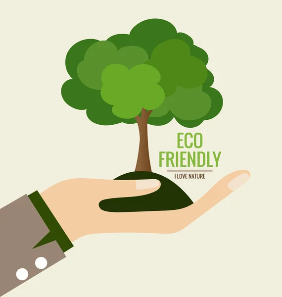 ECO AMIGO. Concepto de ecología con fondo de mano y árbol. Vec — Archivo Imágenes Vectoriales