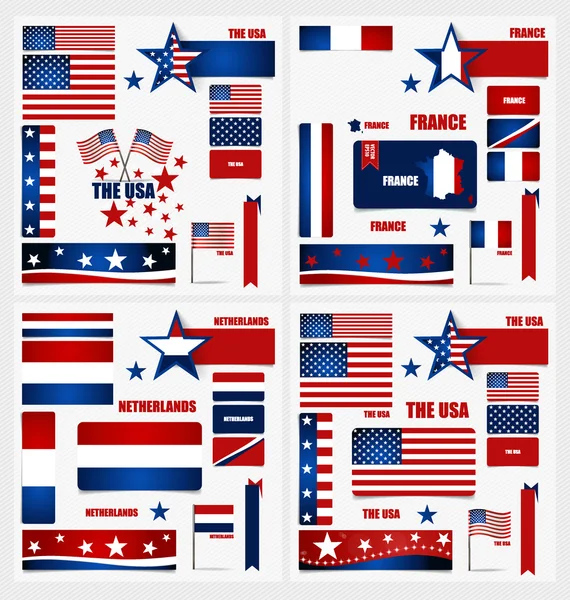 Sammlung amerikanischer Flaggen, französischer Flaggen, niederländischer Flaggen, — Stockvektor