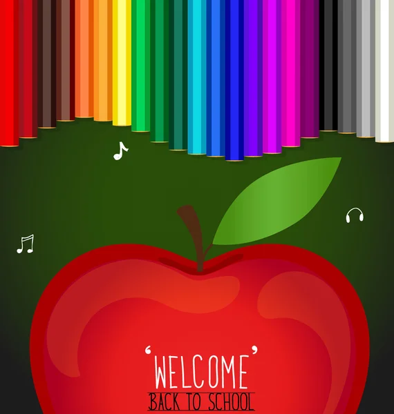 Bienvenido de nuevo a la escuela con fondo de lápices de Apple y Color , — Vector de stock