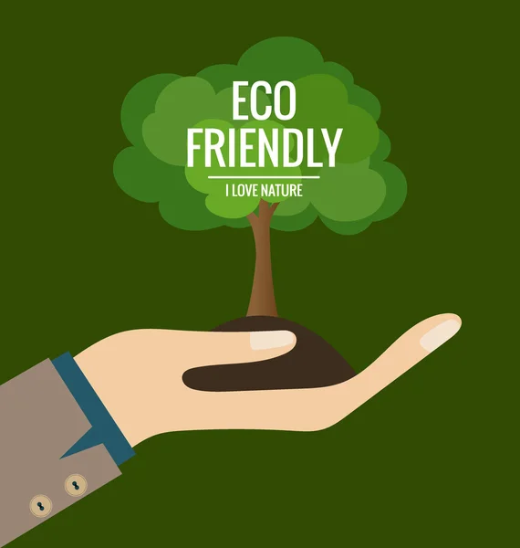 エコフレンドリー。手と木の背景と生態学の概念。Vec — ストックベクタ