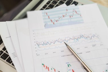 Dizüstü bilgisayar ile masada mali çizelgeleri