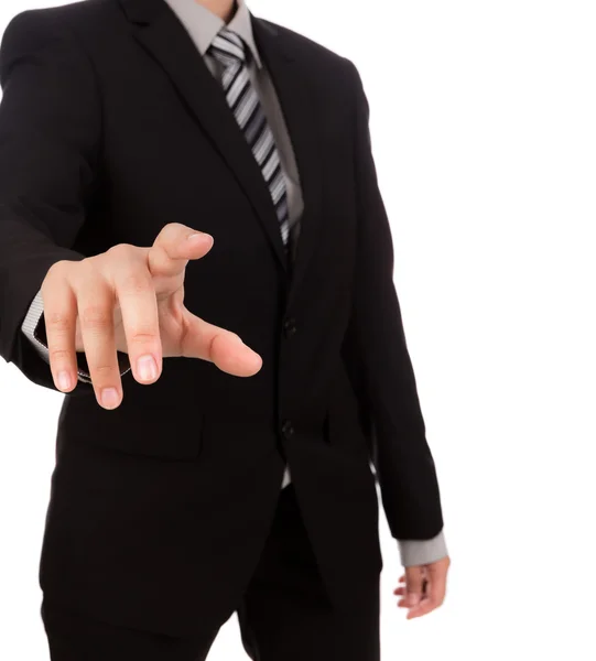 Business man touching an imaginary screen against white backgrou — Stock Photo, Image