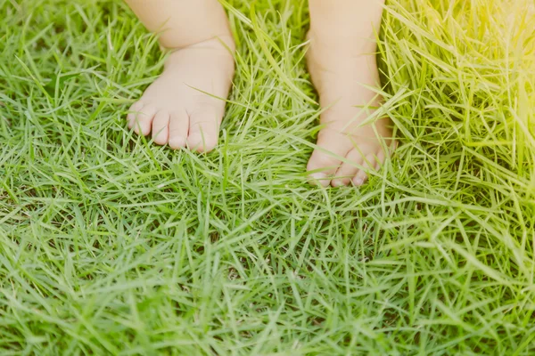 Μωρά πόδια σε γρασίδι (φιλτραρισμένη εικόνα επεξεργασμένο vintage επίδραση. ) — Φωτογραφία Αρχείου