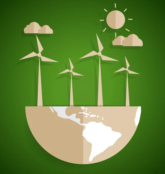 Konsep ekologi. Paper cut of globe and turbine on green backgro - Stok Vektor