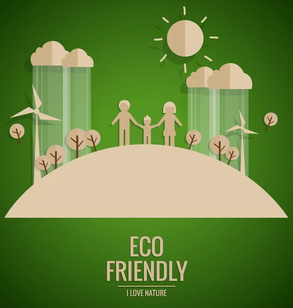 Concepto de ecología. Corte de papel de familia y árbol sobre fondo verde — Vector de stock