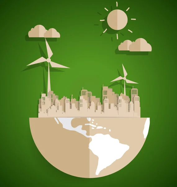 Ecologie concept. Papier gesneden van globe and stad op groene achtergrond — Stockvector