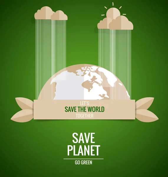 Ecologie concept. Papier gesneden van Globe and boom op groene achtergrond — Stockvector