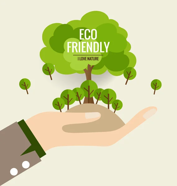 Concepto de ecología con fondo de mano y árbol — Vector de stock