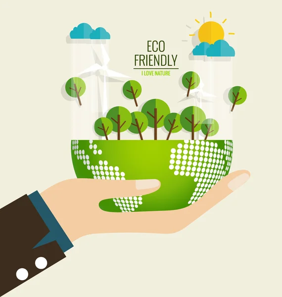 Ecologie concept met Green Eco aarde en bomen — Stockvector