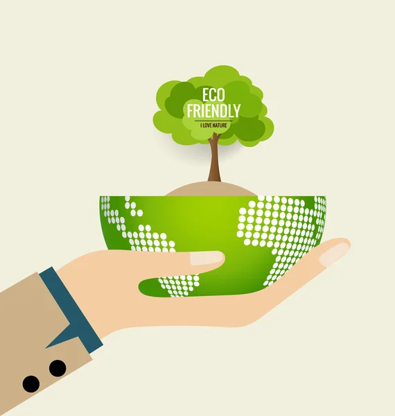 Concepto de ecología con fondo de mano y árbol — Vector de stock