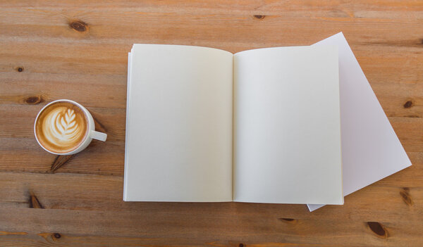 Blank catalog, magazines, book mock up on wood background with c
