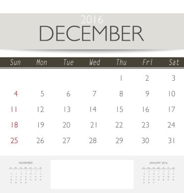Aralık için 2016 Takvim şablonu