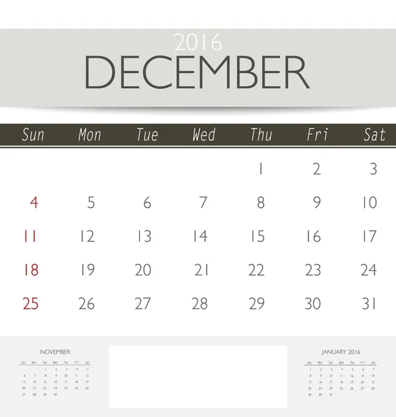 2016 calendar template for December — Stock Vector