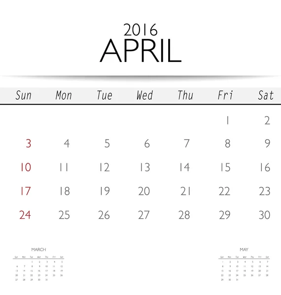 4 月的日历模板 — 图库矢量图片