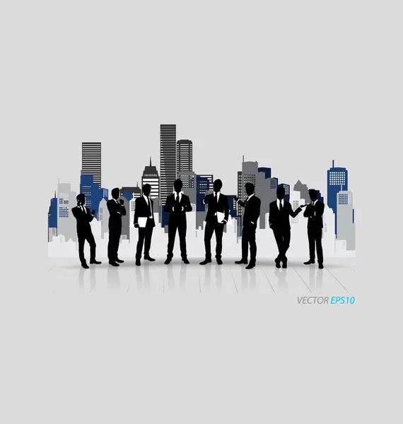 Business people with buildings — Stock Vector