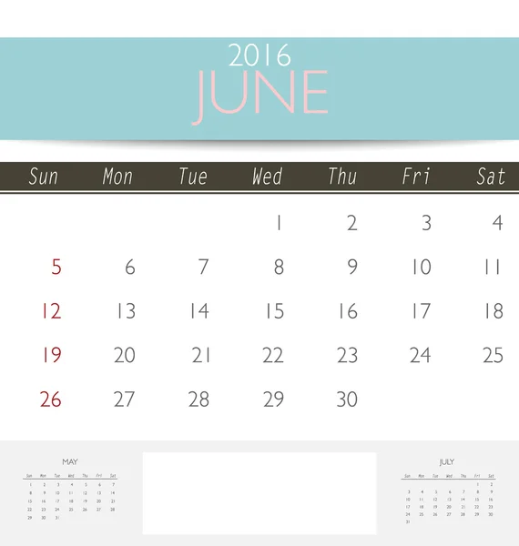 Kalender-Vorlage für Juni — Stockvektor