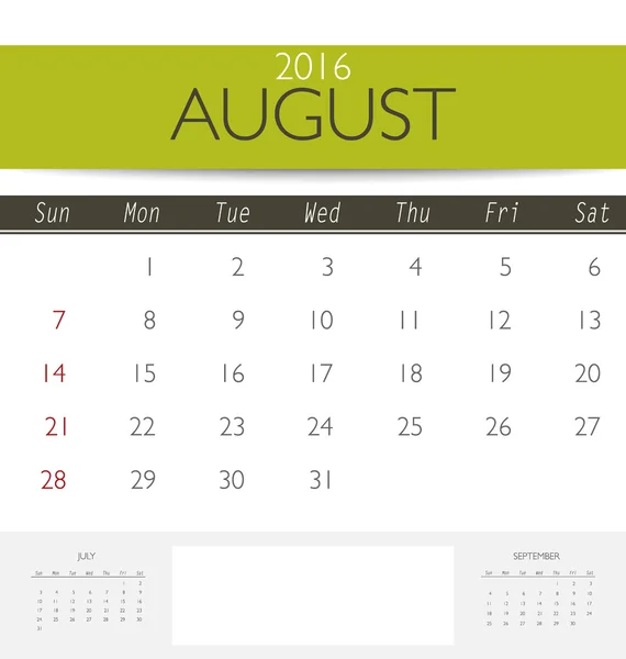 Шаблон календаря на август — стоковый вектор