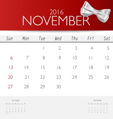 Kasım için aylık takvim şablonu