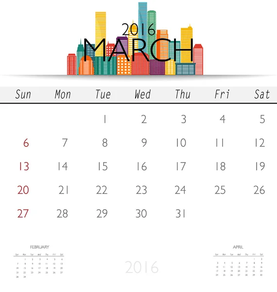 Calendrier mensuel pour mars — Image vectorielle