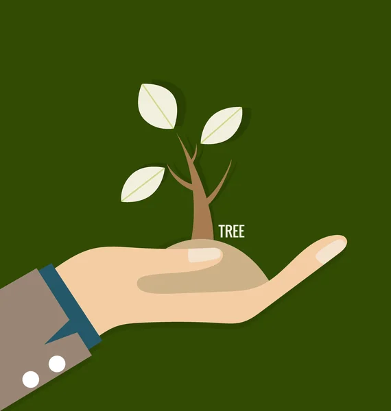 Concepto de ecología con mano y árbol — Vector de stock