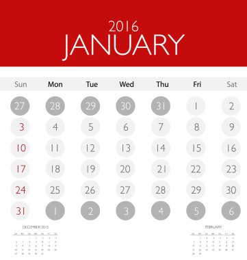 Ocak ayı için aylık takvim