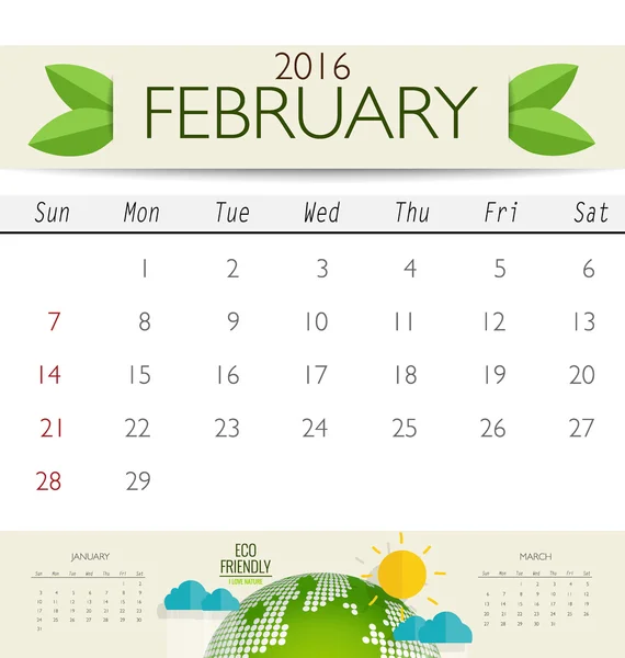 Calendario mensual para febrero — Vector de stock