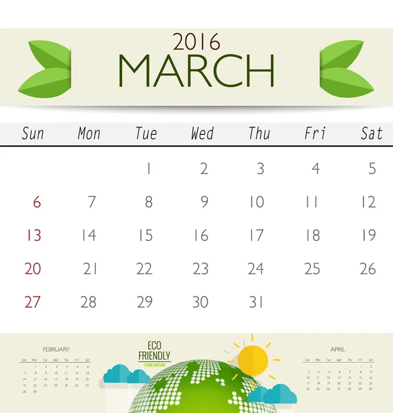 Calendrier mensuel pour mars — Image vectorielle