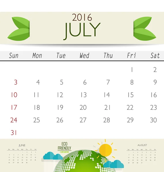 Monthly calendar for July — Stock Vector