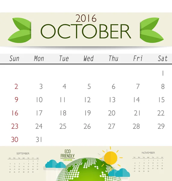 Monthly calendar for October — Stock Vector