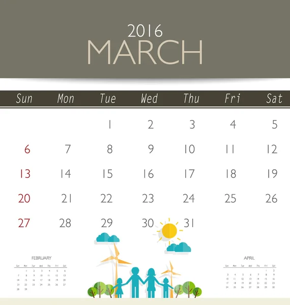 Calendrier mensuel pour mars — Image vectorielle