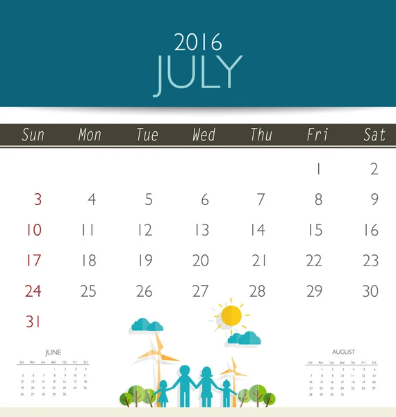 Calendrier mensuel pour juillet — Image vectorielle
