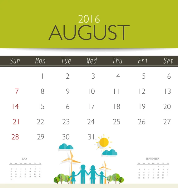 Calendrier mensuel pour août — Image vectorielle