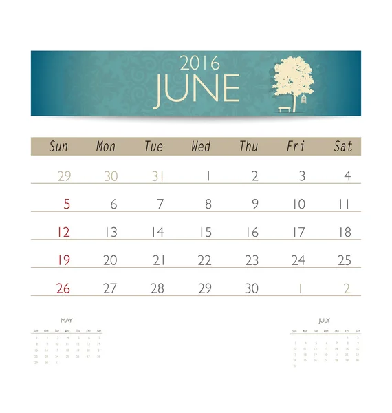 Calendrier mensuel pour juin — Image vectorielle