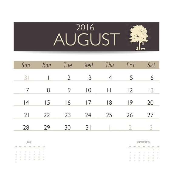 Monthly calendar for August — Stock Vector