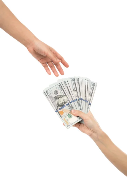 Mani con banconote in dollari — Foto Stock