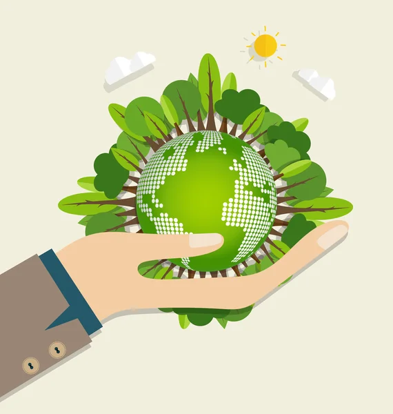 Ecología con mano y árboles — Vector de stock