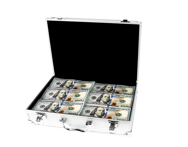 Maleta de dinero con cien dólares sobre fondo blanco —  Fotos de Stock