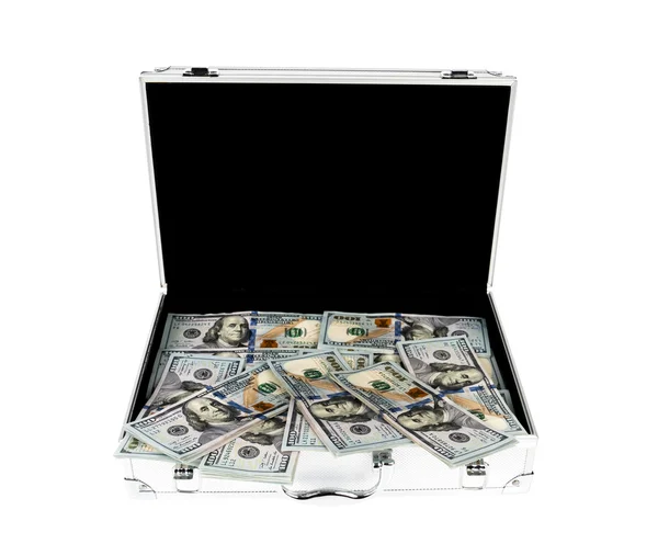 Suitcase of money with hundred dollar on white  background — Stock Photo, Image