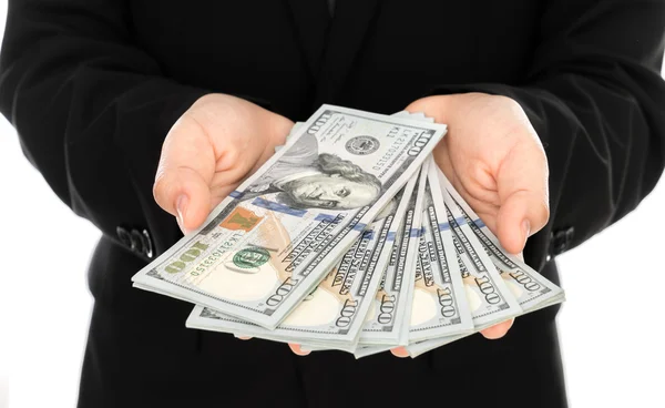 Geschäftsmann zeigt einen Spread von Dollar an — Stockfoto