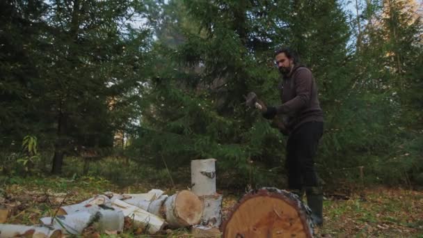 Young Handsome Man Chops Wood Forest Lumberjack Chops Birch Logs — Stock Video