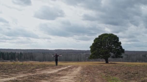 一个年轻英俊的男人跑过一个空旷的秋天的墓地 田野里的一棵大树 相对地朝摄像机跑去 — 图库视频影像