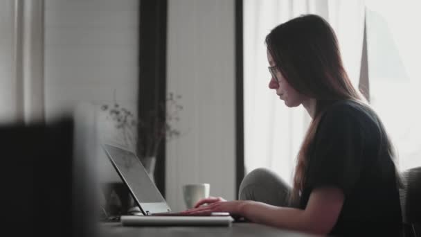 Jovem Uma Jovem Estão Trabalhando Frente Laptops Seu Apartamento Brilhante — Vídeo de Stock