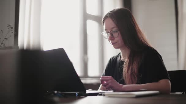 Jovem Uma Jovem Estão Trabalhando Frente Laptops Seu Apartamento Brilhante — Vídeo de Stock