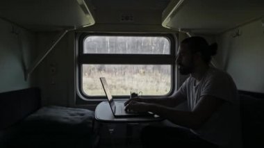 Trendeki adam bilgisayarın üzerinde çalışıyor. Dizüstü bilgisayarın klavyesindeki metni yazdırır. Trende serbest çalışan turistler. Sınırları genişletiyorum. Hareket eden bir trende sallanırken.