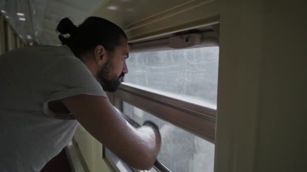 Trenin Penceresinde Genç Yakışıklı Bir Adam Duruyor Tren Penceresinin Dışındaki — Stok video
