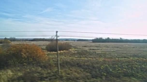 Zicht Vanuit Het Raam Van Een Rijdende Trein Landelijk Landschap — Stockvideo