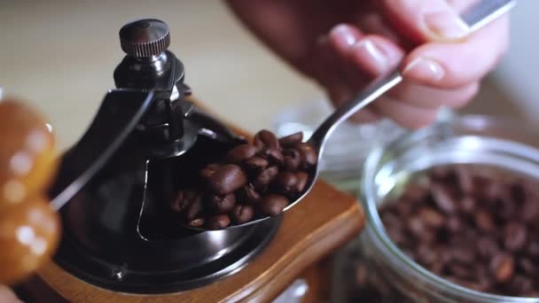 Proses penggilingan biji kopi di sebuah pabrik retro. — Stok Video