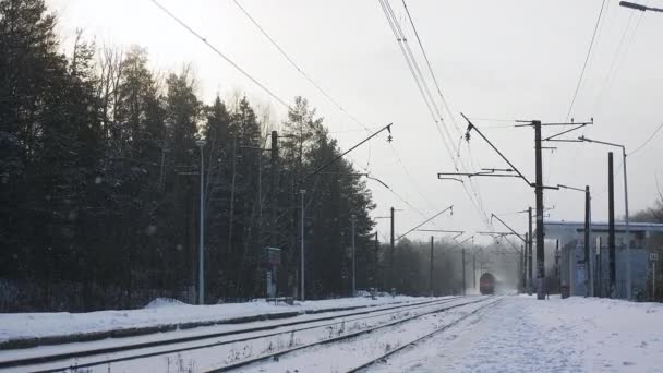 Nákladní vlak přijíždí na nádraží za slunečného zimního dne. — Stock video